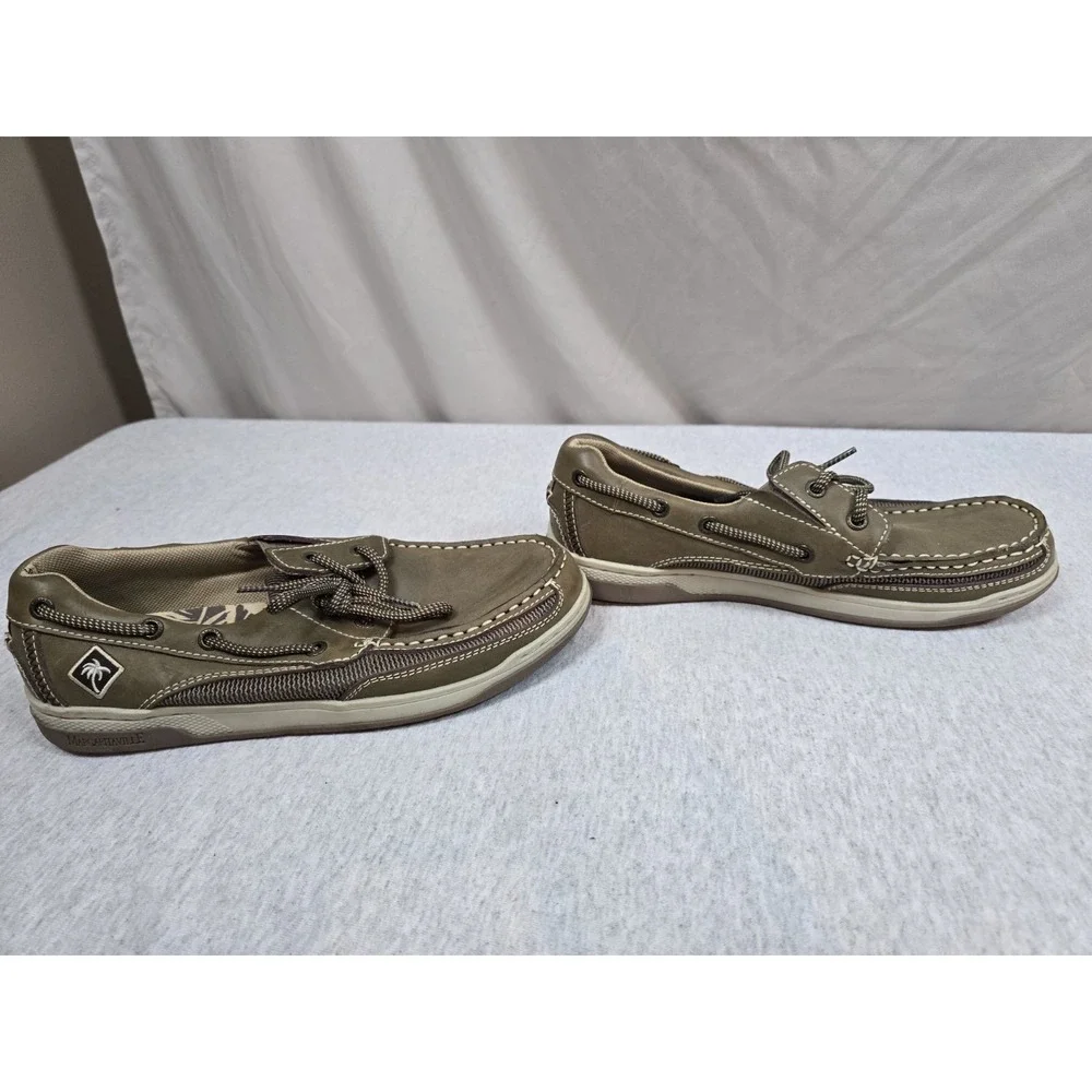 Margaritaville Mens Boat Shoes Size 8 Brown Leather Mesh Loafers Palm Tree Logo